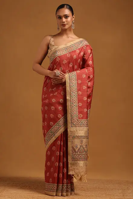 Rust Tussar Botanical Saree With French Knot Work